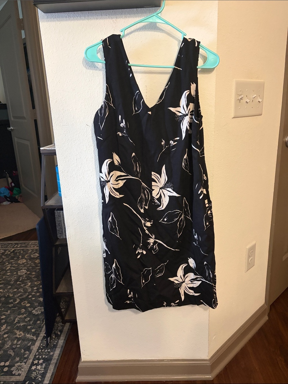 Linen Blend Black & White Floral V-Neck Midi Dress